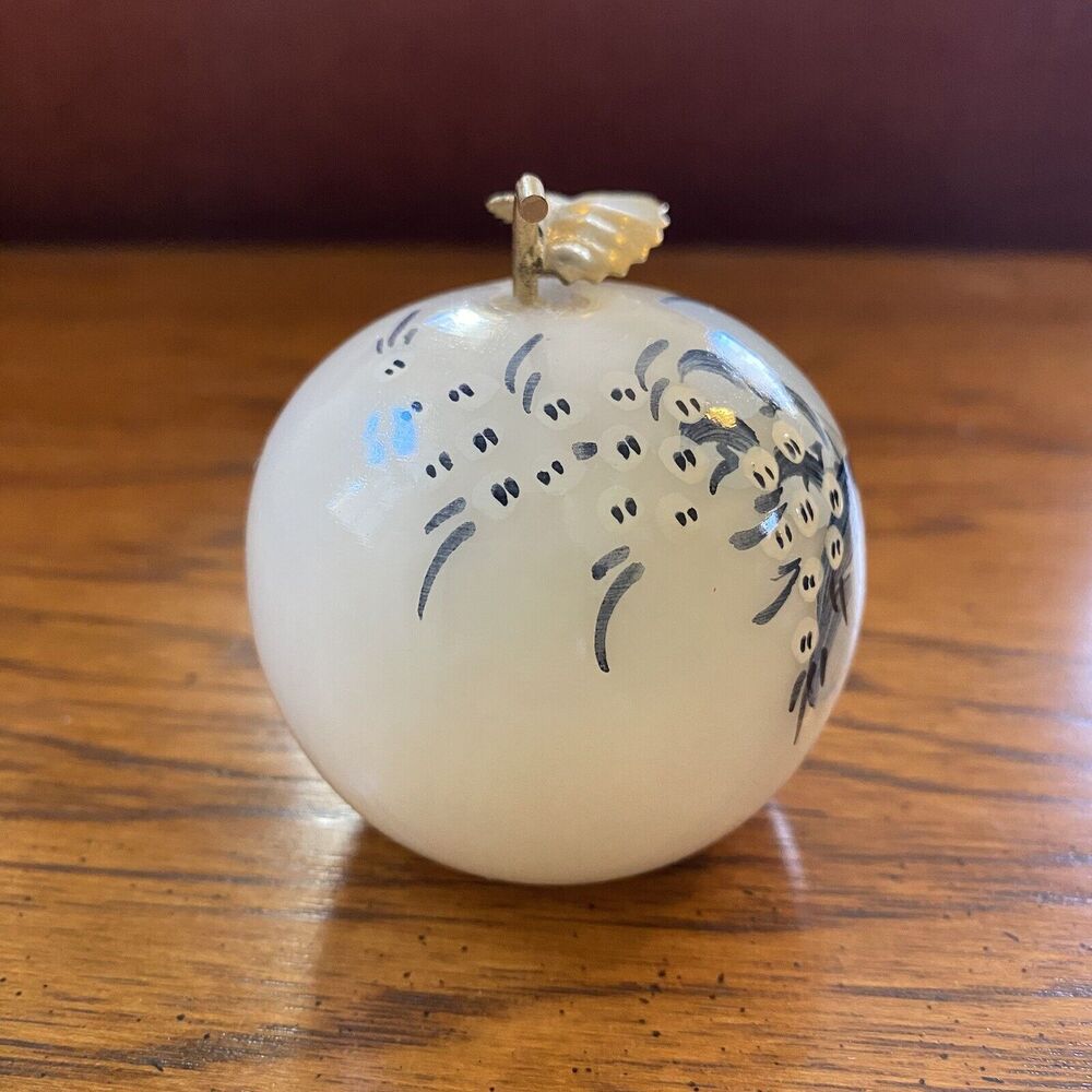 Vintage RB Genuine Alabaster Italy Handpainted Blue Floral Apple Paperweight - Picture 4 of 6